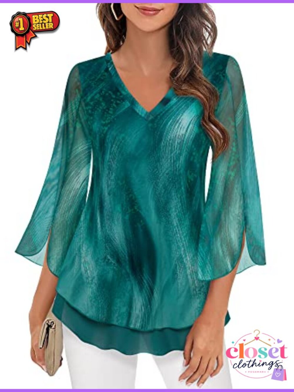 Timeson 3/4 Sleeve Floral Tunic Blouse Semi-Sheer Mesh V-Neck Women